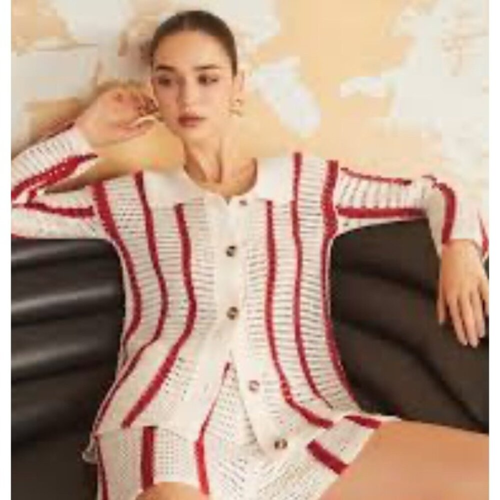Commense Red and Cream Striped Crochet Polo Collared Button Cardigan M